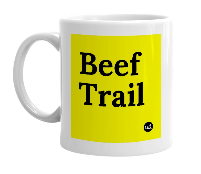 White mug with 'Beef Trail' in bold black letters