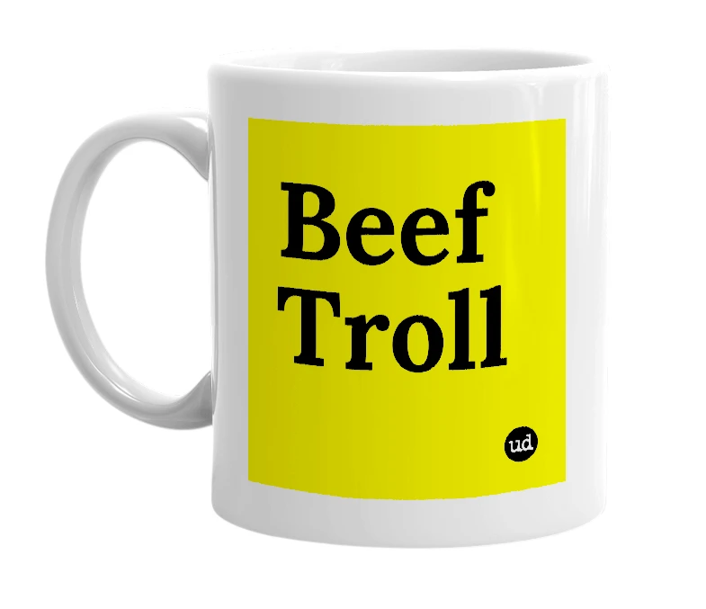 White mug with 'Beef Troll' in bold black letters