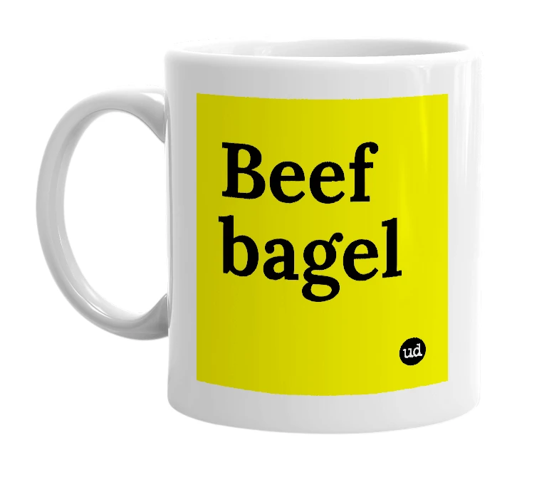 White mug with 'Beef bagel' in bold black letters