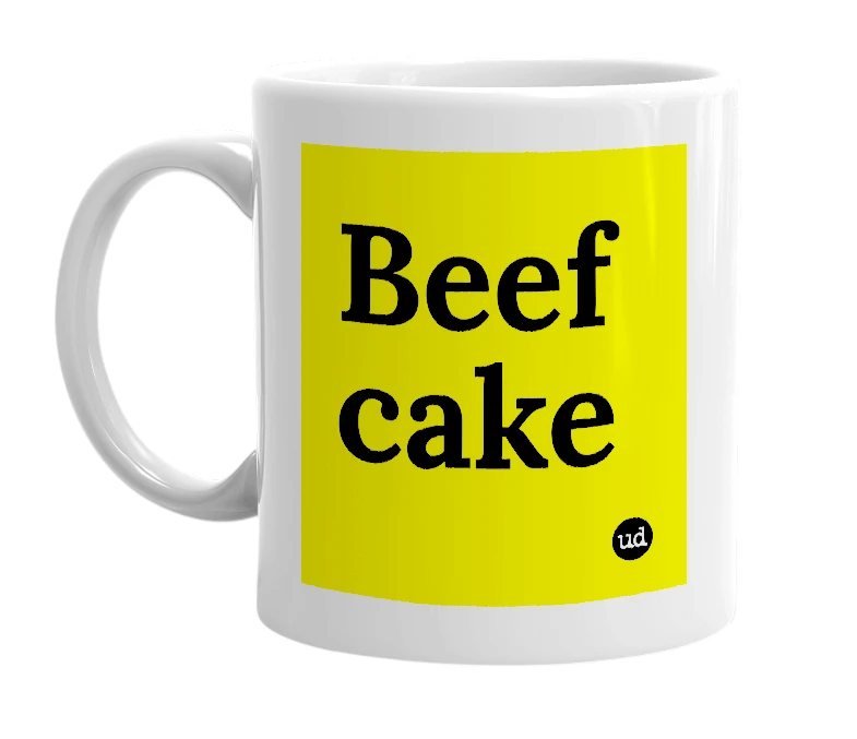 White mug with 'Beef cake' in bold black letters