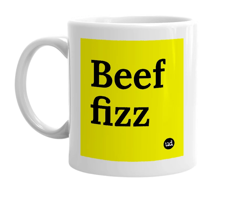 White mug with 'Beef fizz' in bold black letters