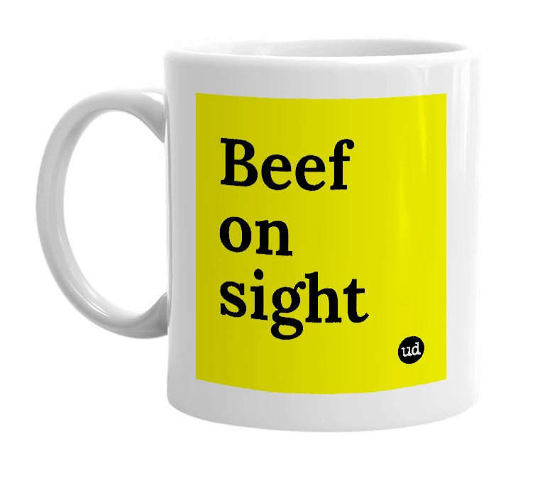 White mug with 'Beef on sight' in bold black letters
