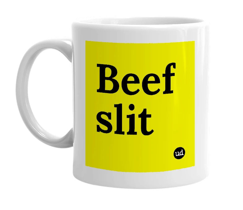 White mug with 'Beef slit' in bold black letters