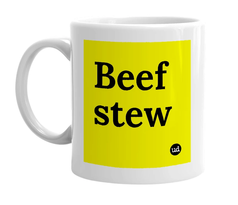 White mug with 'Beef stew' in bold black letters