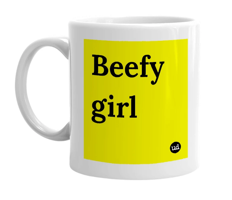 White mug with 'Beefy girl' in bold black letters