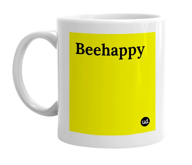 White mug with 'Beehappy' in bold black letters