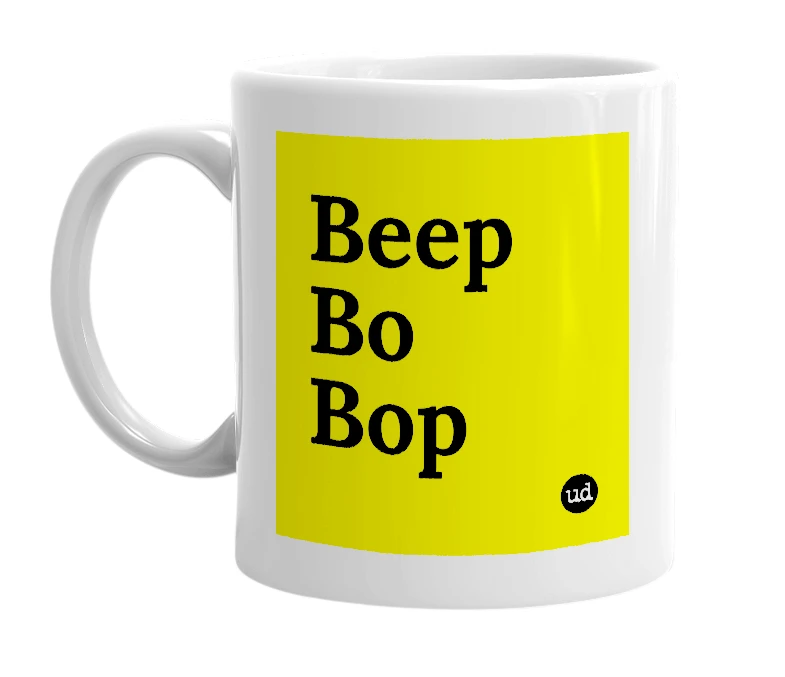 White mug with 'Beep Bo Bop' in bold black letters