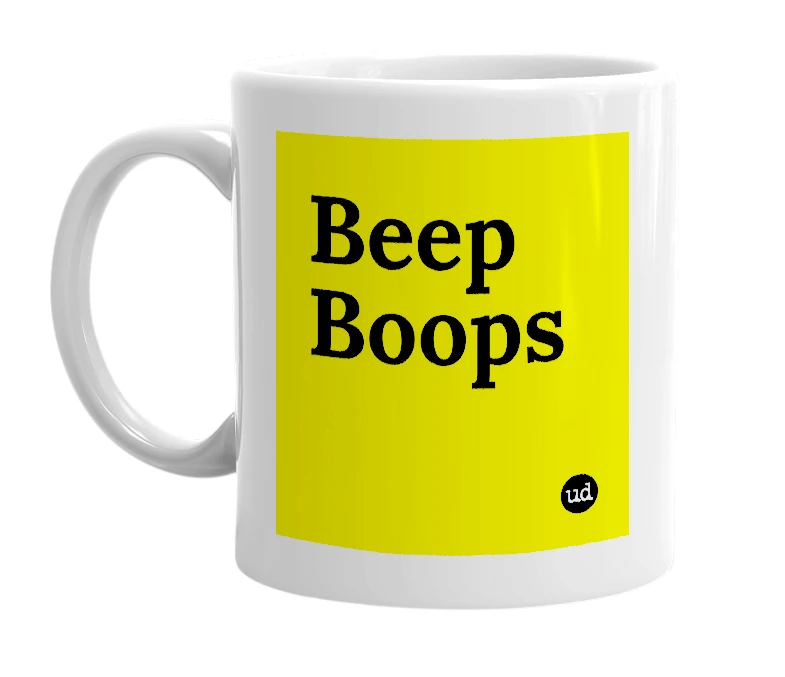 White mug with 'Beep Boops' in bold black letters