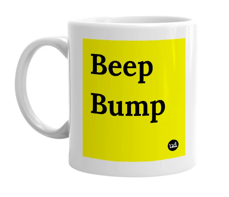 White mug with 'Beep Bump' in bold black letters