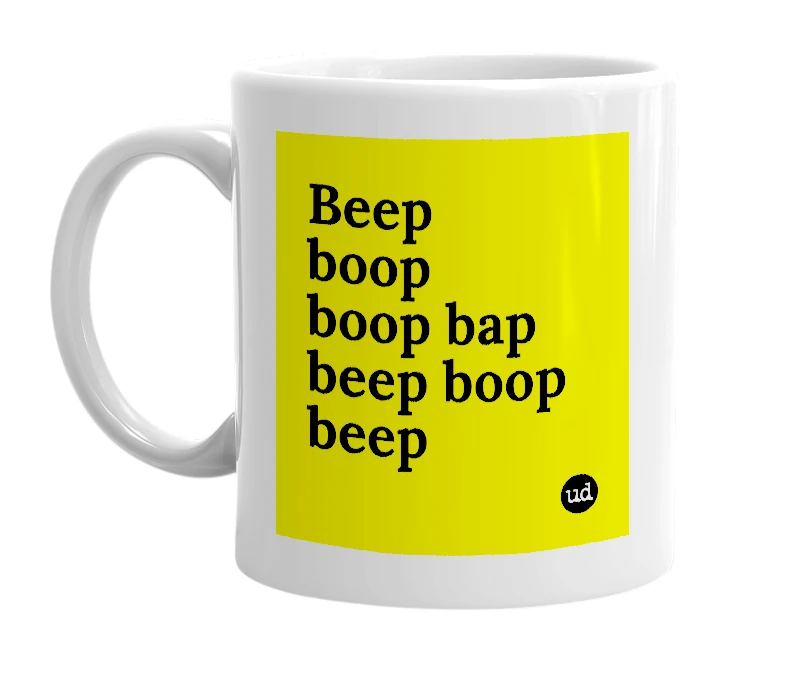 White mug with 'Beep boop boop bap beep boop beep' in bold black letters