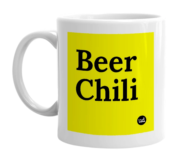 White mug with 'Beer Chili' in bold black letters