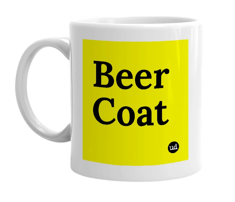 White mug with 'Beer Coat' in bold black letters