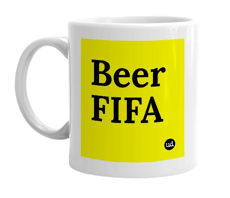 White mug with 'Beer FIFA' in bold black letters