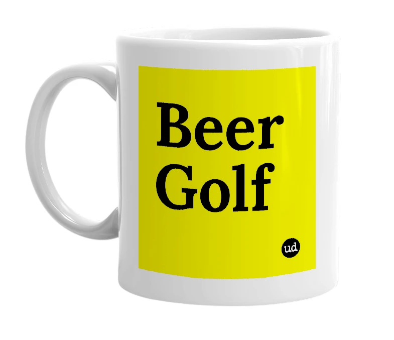White mug with 'Beer Golf' in bold black letters