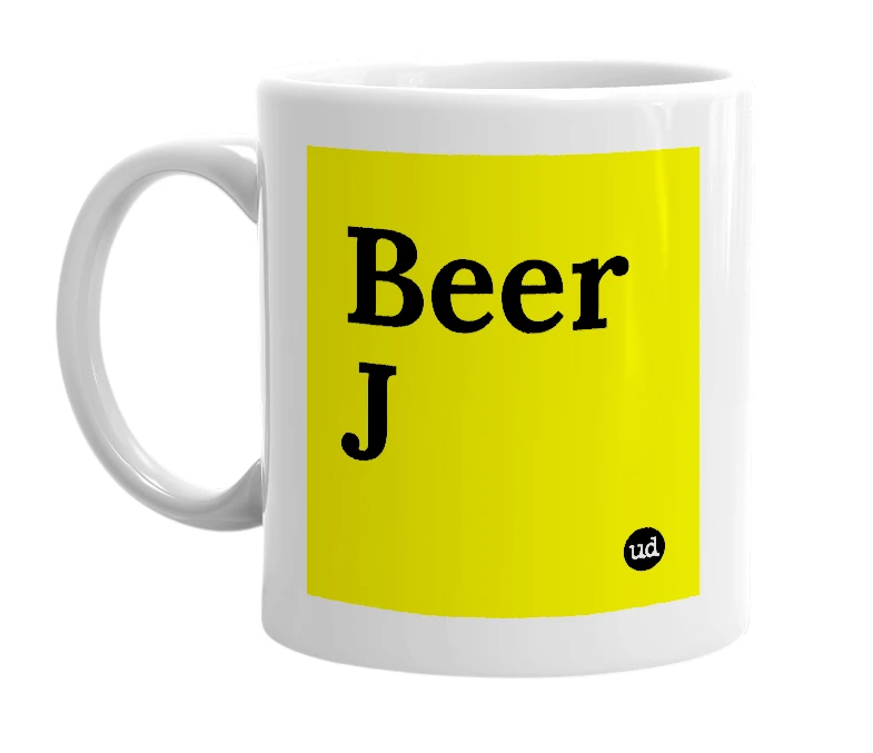 White mug with 'Beer J' in bold black letters