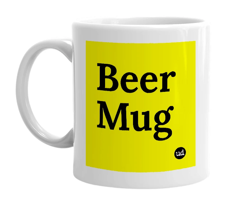White mug with 'Beer Mug' in bold black letters
