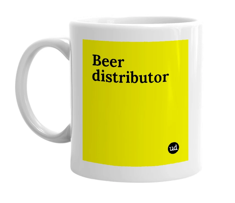 White mug with 'Beer distributor' in bold black letters