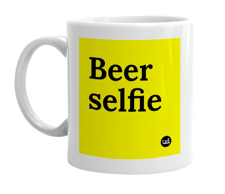 White mug with 'Beer selfie' in bold black letters