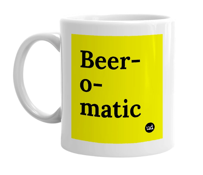 White mug with 'Beer-o-matic' in bold black letters