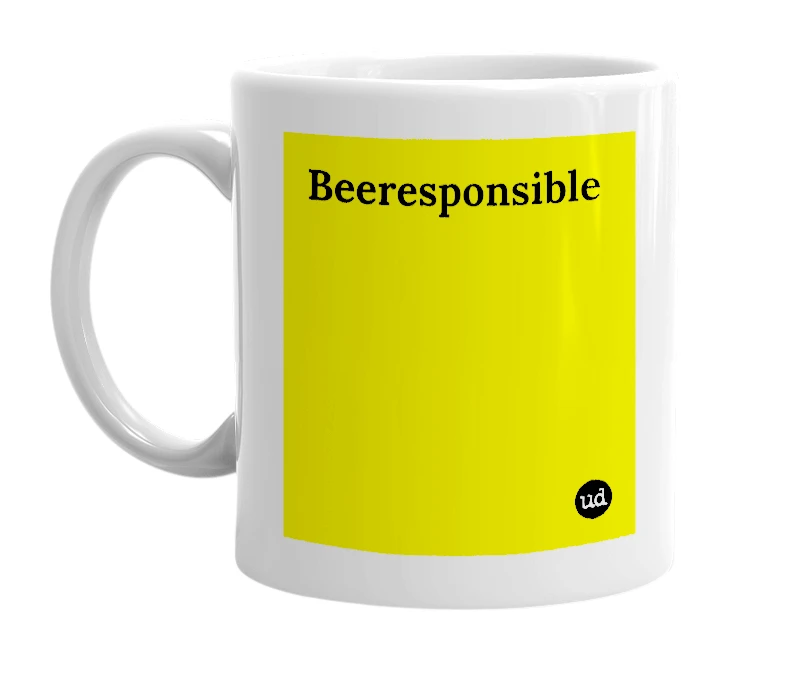 White mug with 'Beeresponsible' in bold black letters