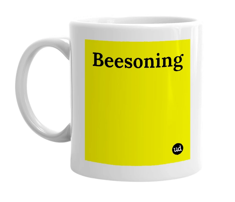 White mug with 'Beesoning' in bold black letters