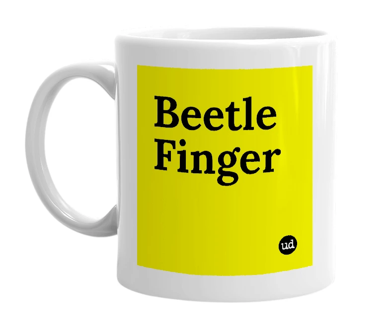 White mug with 'Beetle Finger' in bold black letters