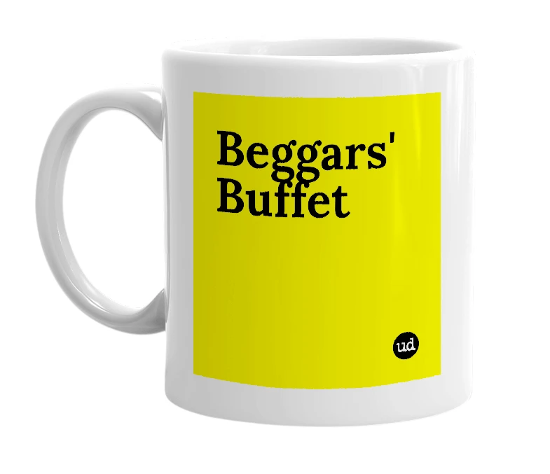 White mug with 'Beggars' Buffet' in bold black letters