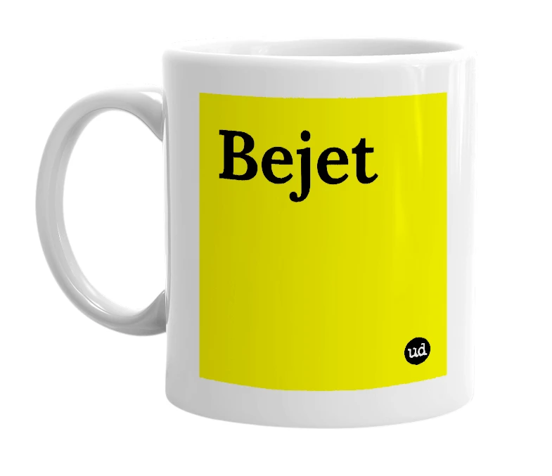 White mug with 'Bejet' in bold black letters