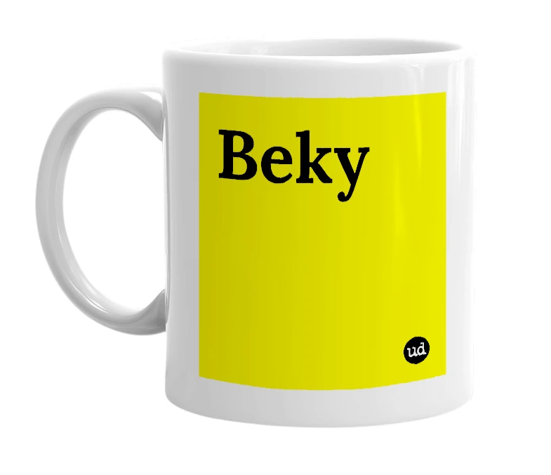 White mug with 'Beky' in bold black letters