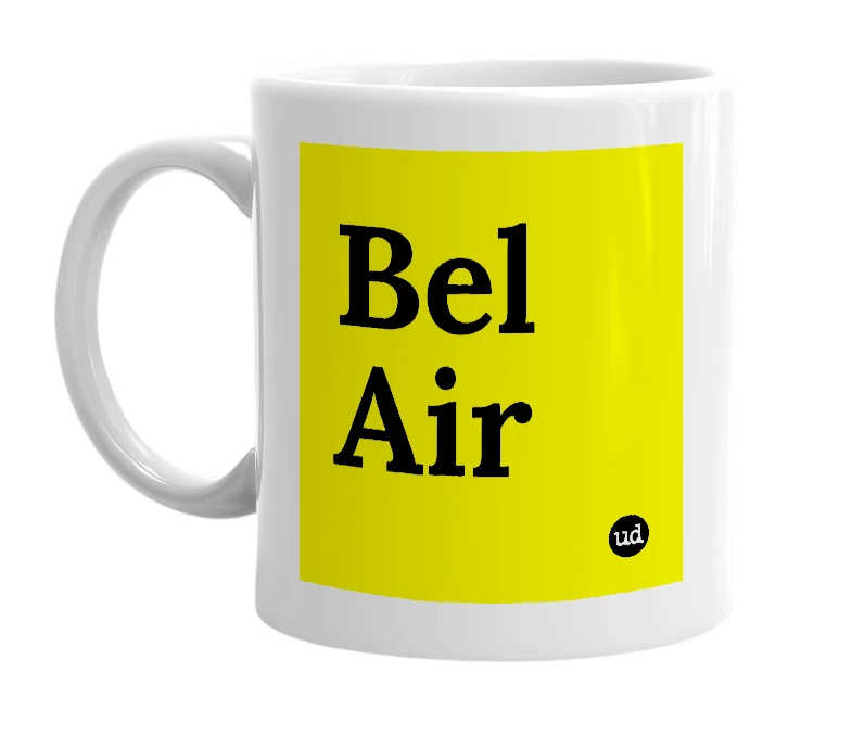 White mug with 'Bel Air' in bold black letters