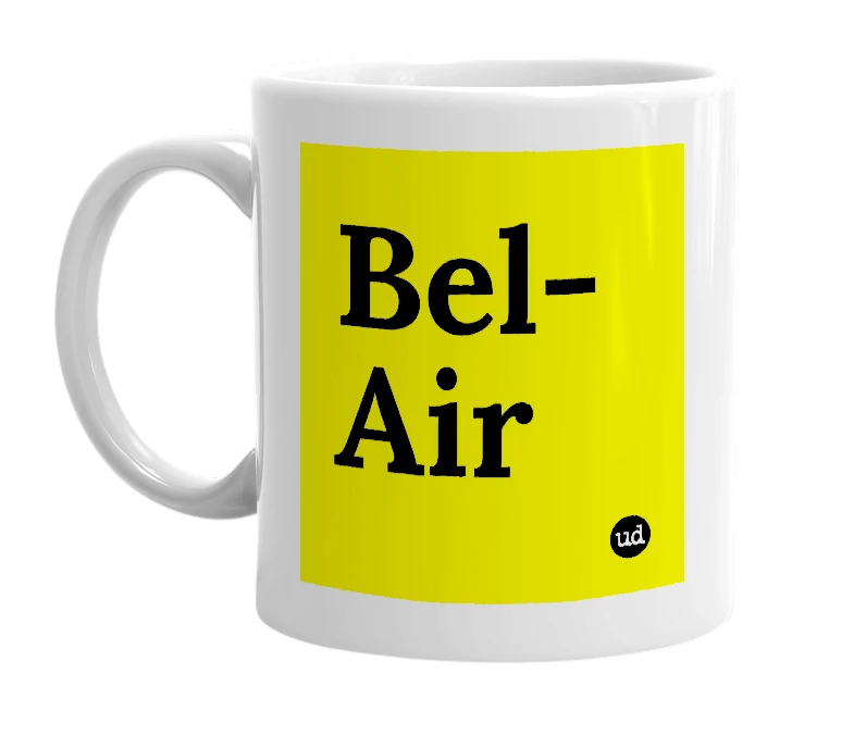 White mug with 'Bel-Air' in bold black letters