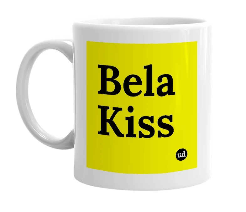 White mug with 'Bela Kiss' in bold black letters