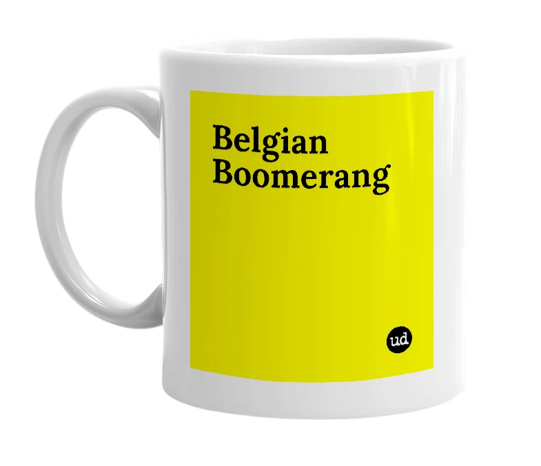 White mug with 'Belgian Boomerang' in bold black letters