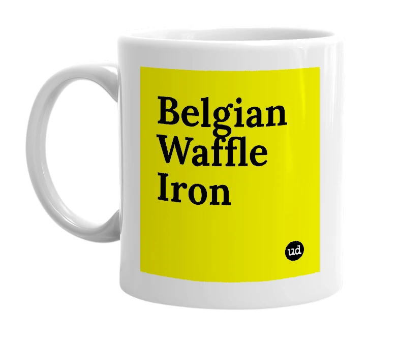 White mug with 'Belgian Waffle Iron' in bold black letters