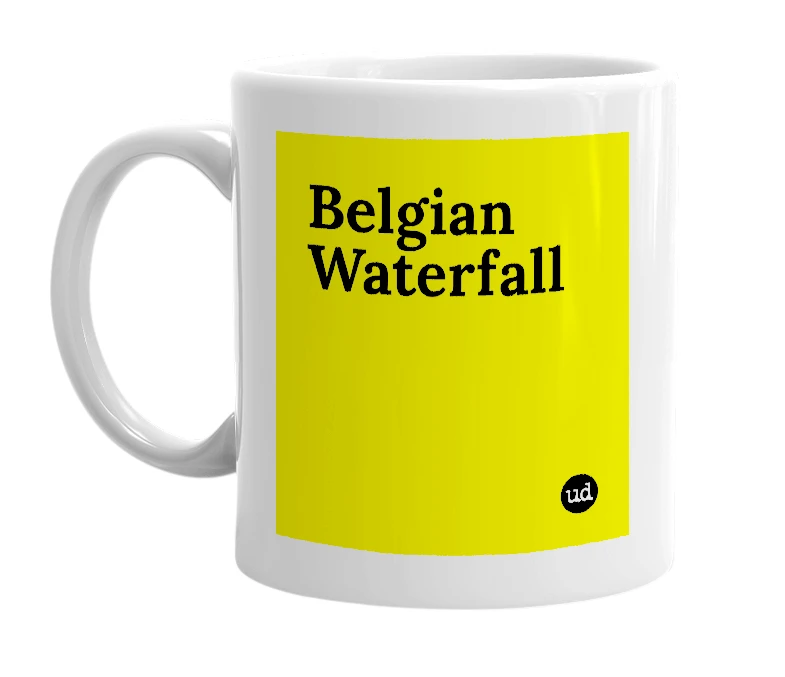 White mug with 'Belgian Waterfall' in bold black letters