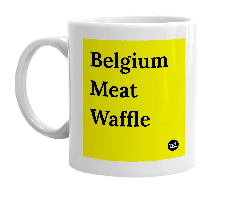 White mug with 'Belgium Meat Waffle' in bold black letters