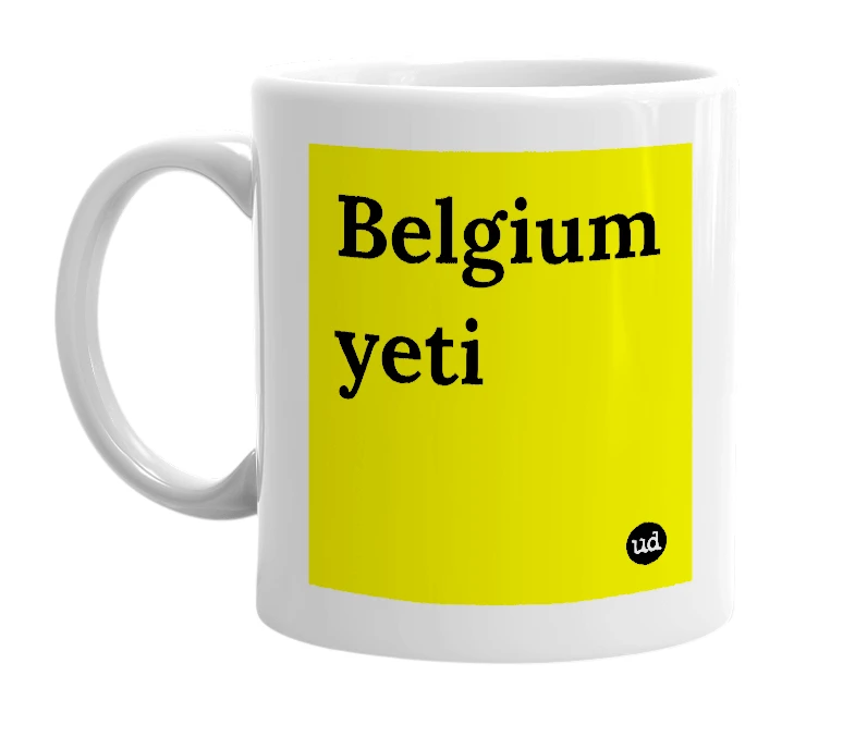 White mug with 'Belgium yeti' in bold black letters