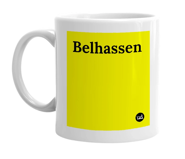 White mug with 'Belhassen' in bold black letters