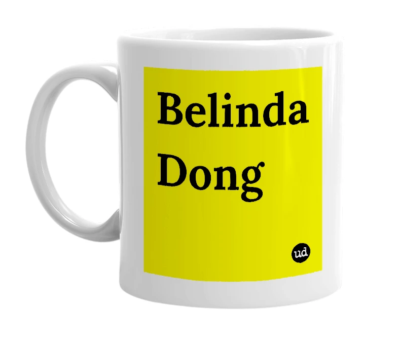 White mug with 'Belinda Dong' in bold black letters