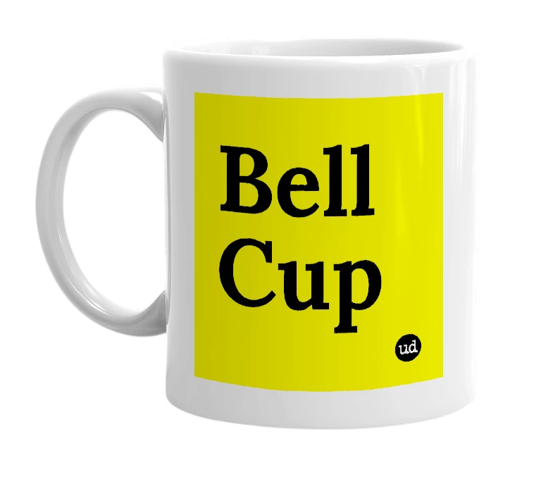 White mug with 'Bell Cup' in bold black letters