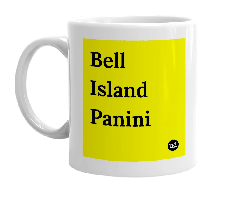 White mug with 'Bell Island Panini' in bold black letters