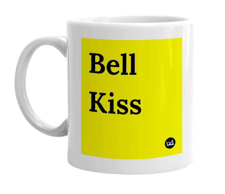 White mug with 'Bell Kiss' in bold black letters