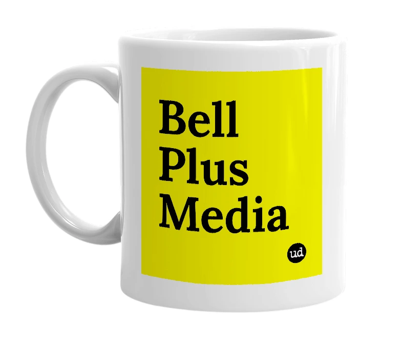 White mug with 'Bell Plus Media' in bold black letters