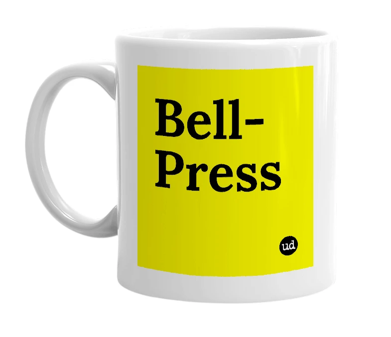 White mug with 'Bell-Press' in bold black letters