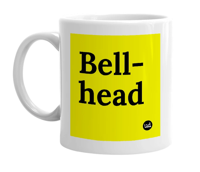 White mug with 'Bell-head' in bold black letters