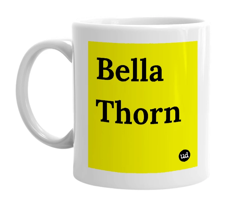 White mug with 'Bella Thorn' in bold black letters