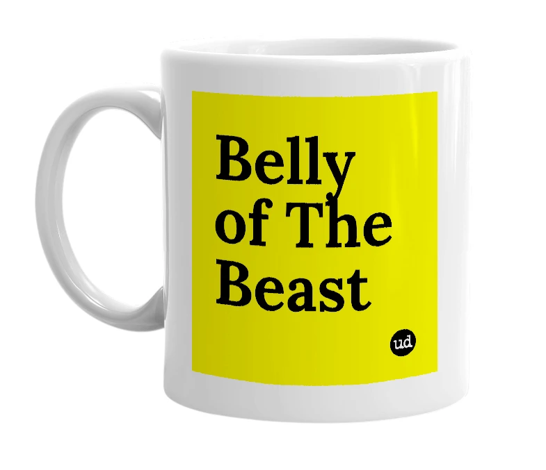 White mug with 'Belly of The Beast' in bold black letters