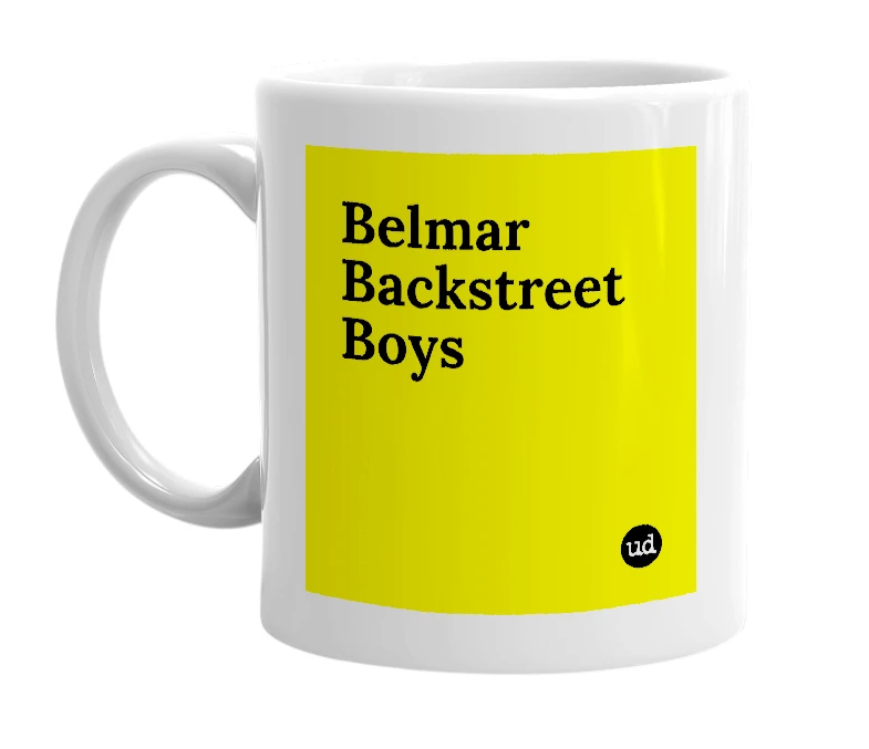 White mug with 'Belmar Backstreet Boys' in bold black letters