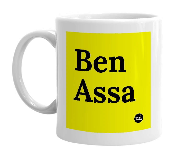 White mug with 'Ben Assa' in bold black letters