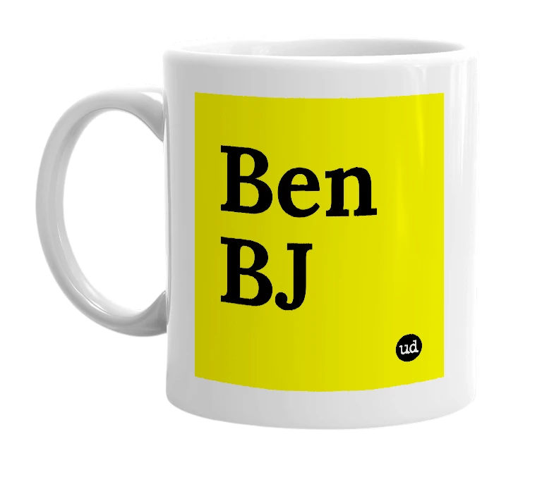 White mug with 'Ben BJ' in bold black letters